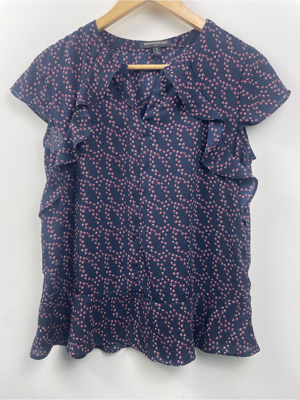 Banana Republic Navy Blue Patterned Ruffle Short Sleeve Blouse Petite Small